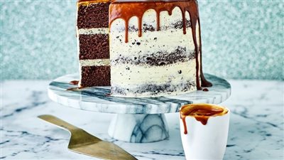 Cookie dough chocolate cake with caramel drizzle