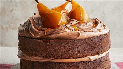 Chocolate cake with caramel poached pears and chocolate buttercream